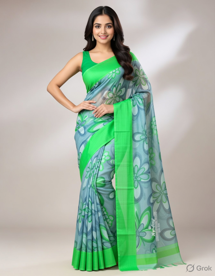 Sajini Sarees "Nandini" Collection – Vibrant Orange & Jet Black Raw Silk Saree with Traditional Border ( Green ) 