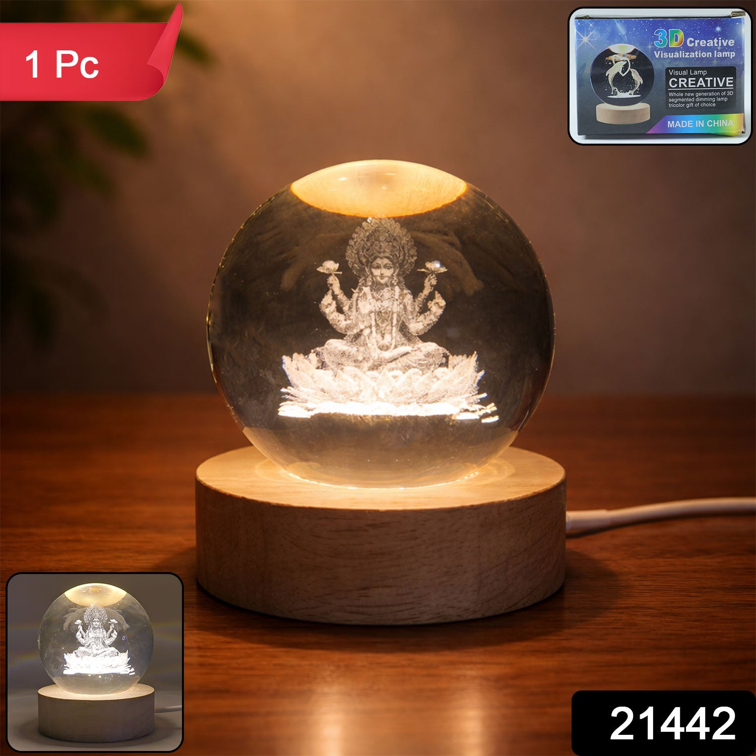 3D Crystal Lakshmi Ball LED Night Lamp – Warm Spiritual Decor