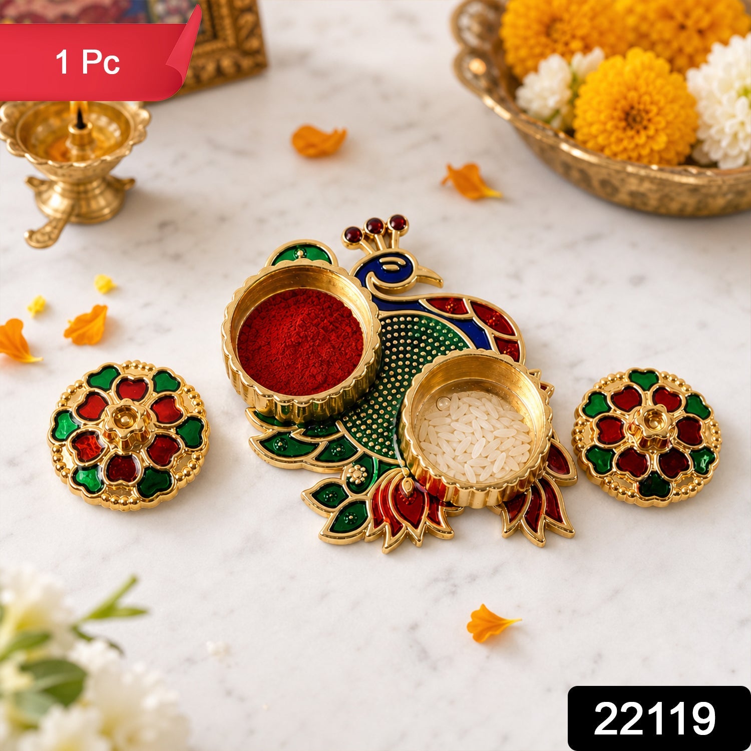 Peacock Kumkum Dani Kankavati – Elegant Pooja & Ritual Holder