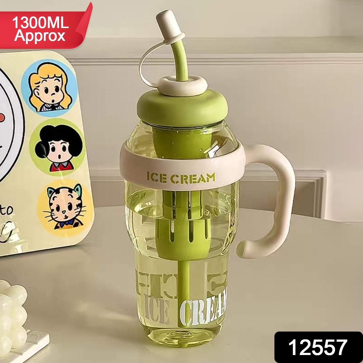 Ice Cream Themed Water Bottle – 1300ML Large Capacity Leakproof Sipper