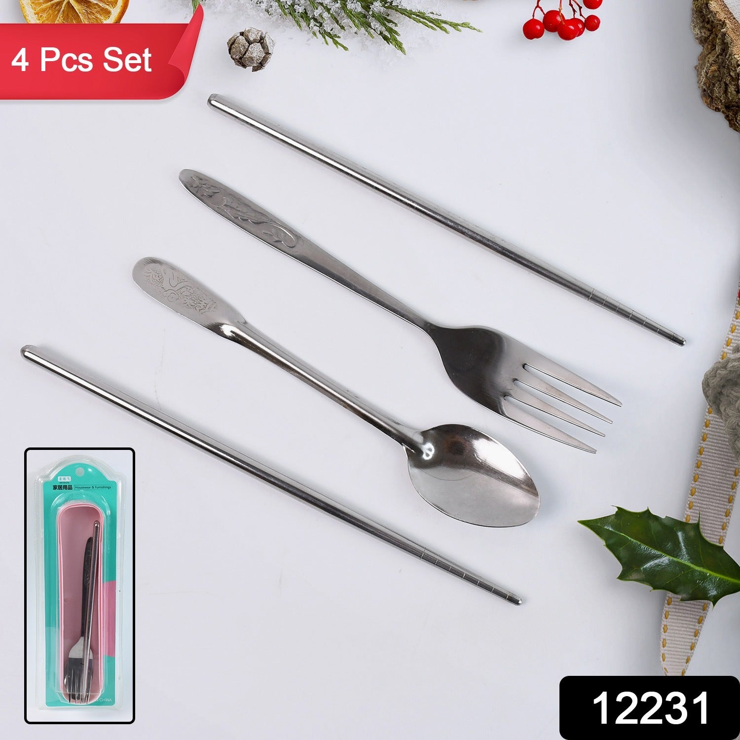 Portable Stainless Steel Cutlery Set – Durable 4-Pc Travel Utensils