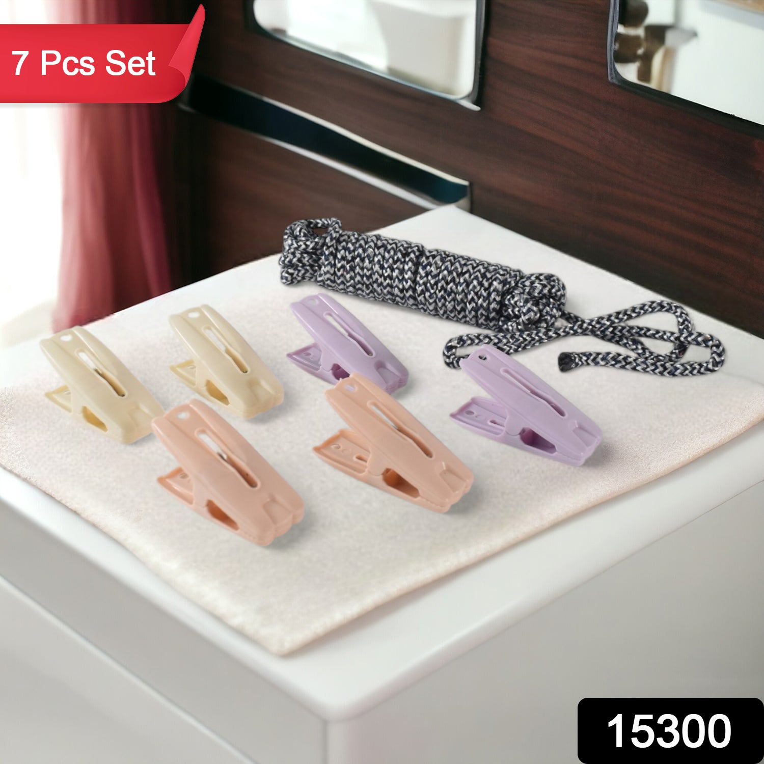 Cloth Drying Rope with Clips – Durable 7-Piece Hanging Set