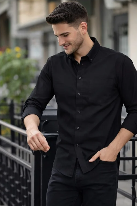 Men’s Black Casual Shirt | Slim Fit Solid Black Cotton Shirt | Stylish Full Sleeve Button-Down Shirt for Men