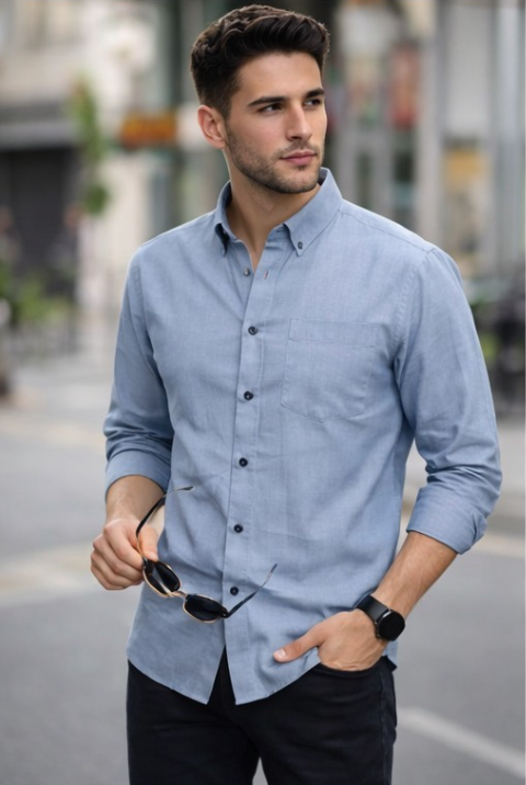 Men’s Light Blue Casual Shirt | Slim Fit Cotton Linen Shirt | Stylish Full Sleeve Button-Down Shirt for Men