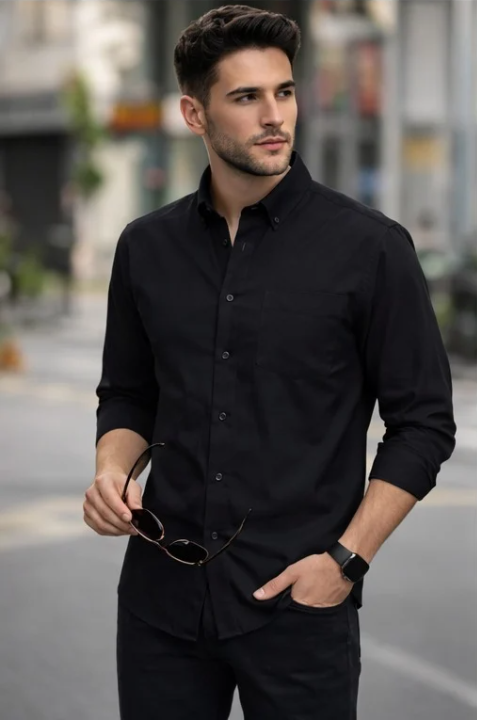 Men’s Black Casual Shirt | Slim Fit Solid Black Cotton Shirt | Stylish Full Sleeve Button-Down Shirt for Men