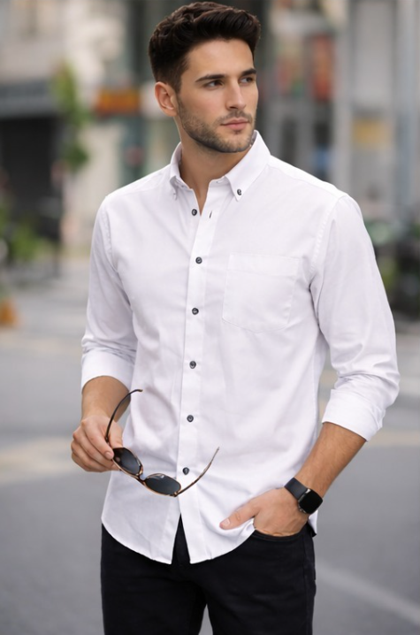 Men’s White Casual Shirt | Slim Fit Solid White Cotton Shirt | Stylish Full Sleeve Button-Down Shirt for Men
