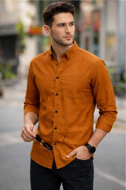 Men’s Orange  Casual Shirt | Slim Fit Solid White Cotton 