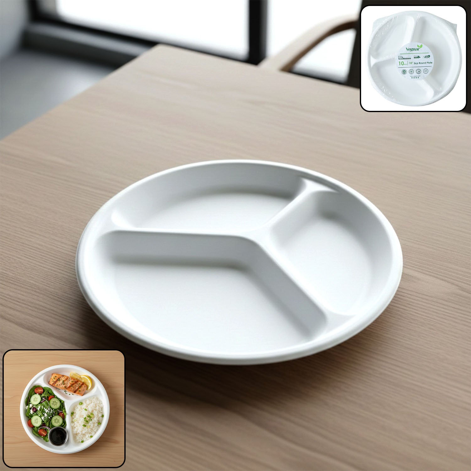 Compostable 10 Inch 3-Compartment Bagasse Plate – Leak-Resistant & Eco-Friendly
