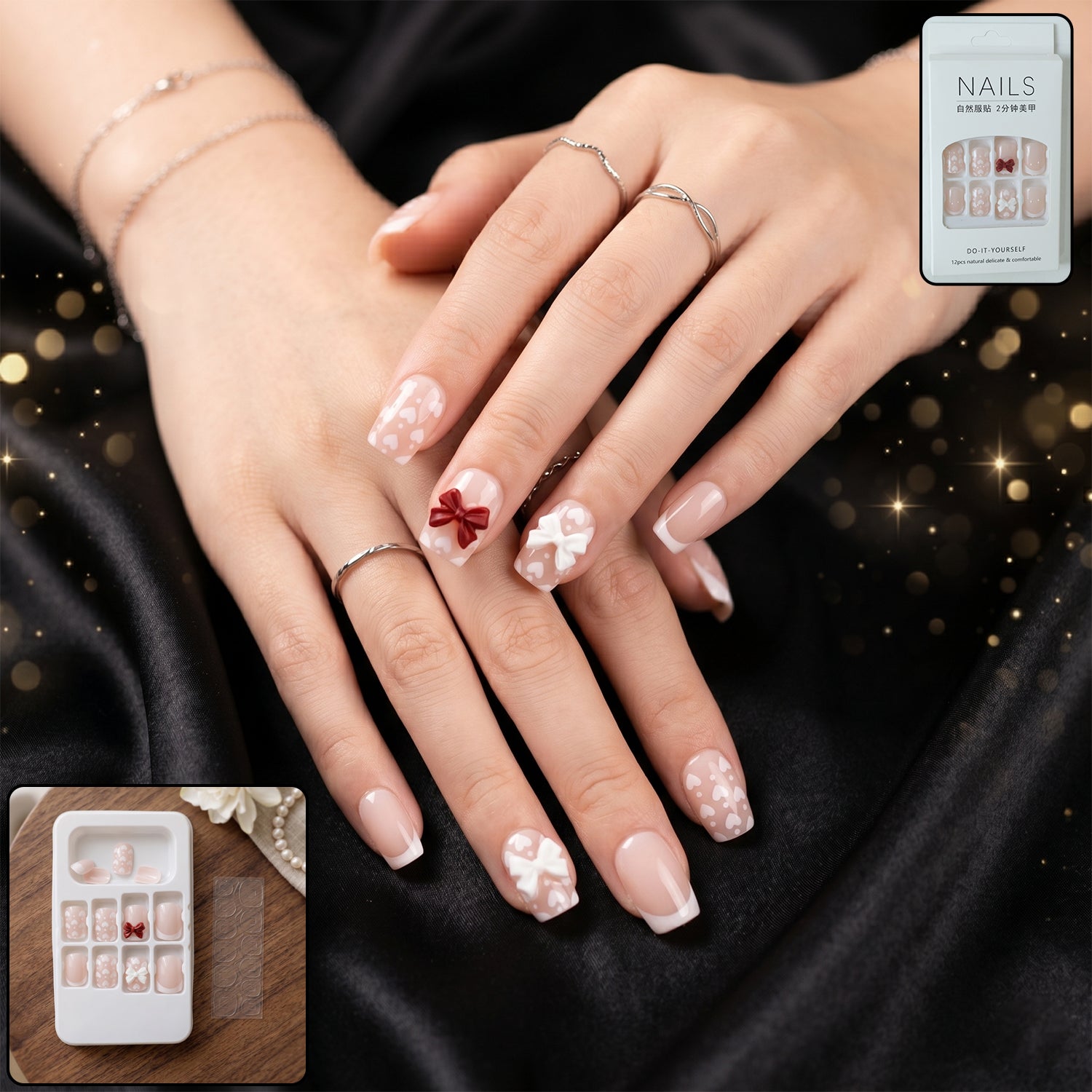 Press-On Nail Tips – Glitter 3D Floral Design with Strong Glue (Mix Design)