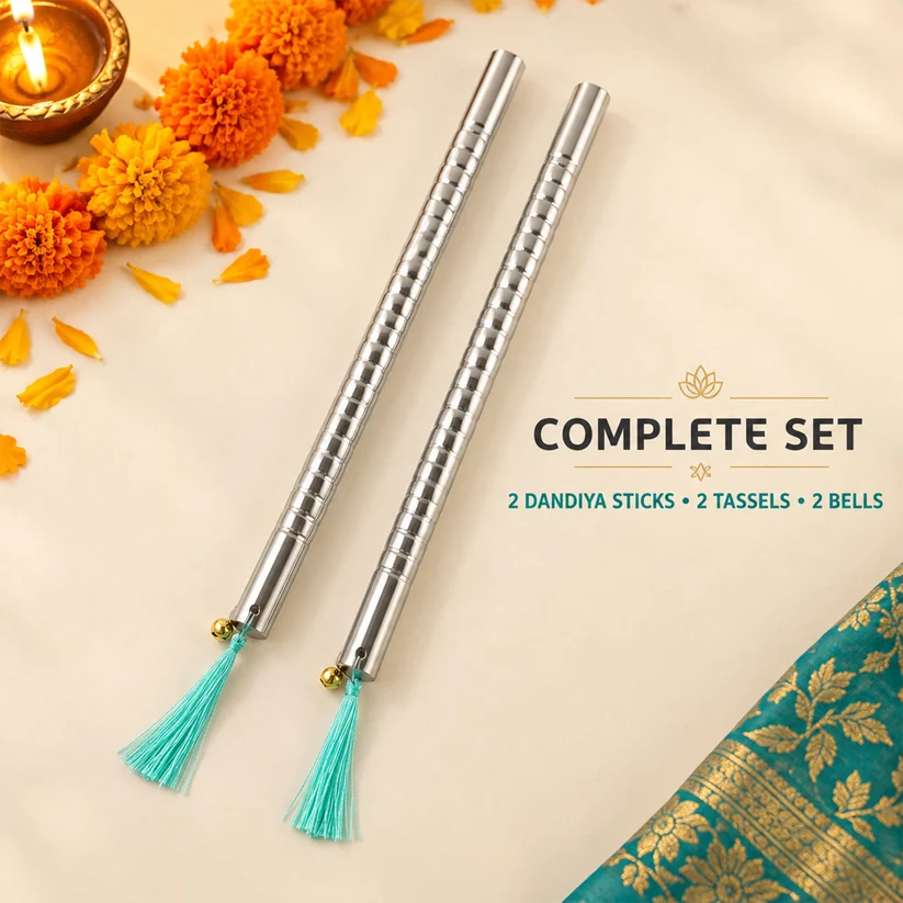 Small Steel Dandiya Stick Pair with Ribbed Grip Tassels and Bell Accents