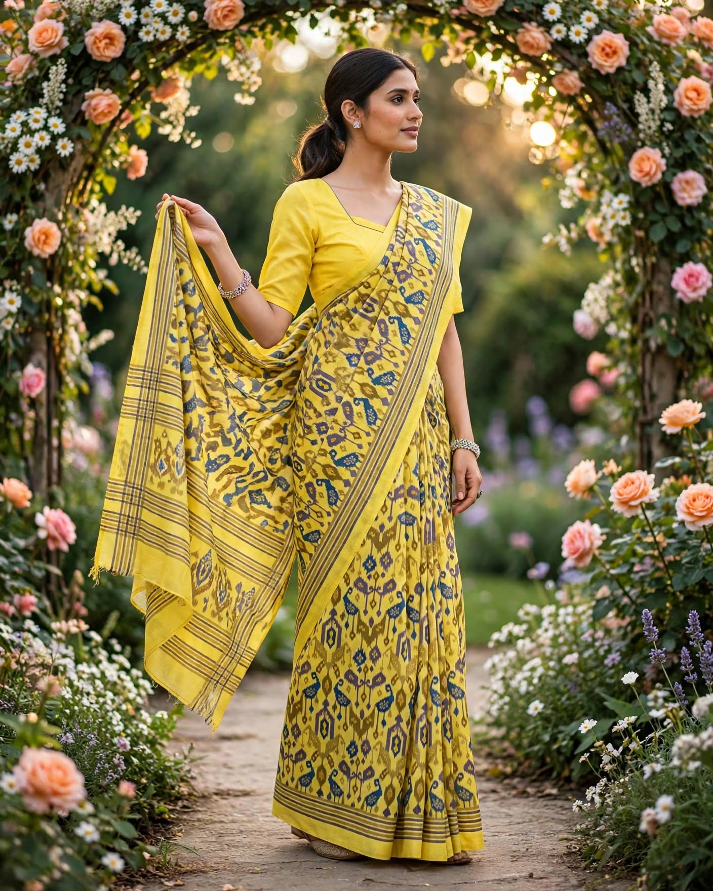 Elegant Yellow Printed Ethnic Saree with Matching Blouse Piece
