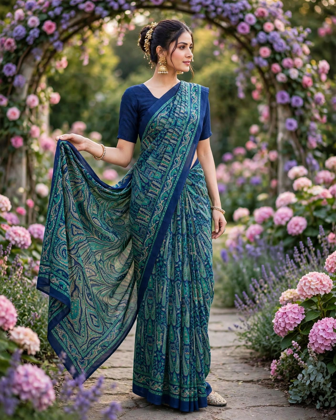 Rich Teal Blue and Green Printed Saree with Blouse Piece