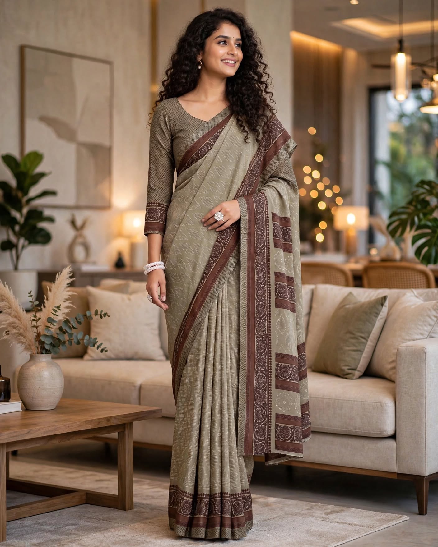 Classic Beige and Brown Printed Traditional Saree