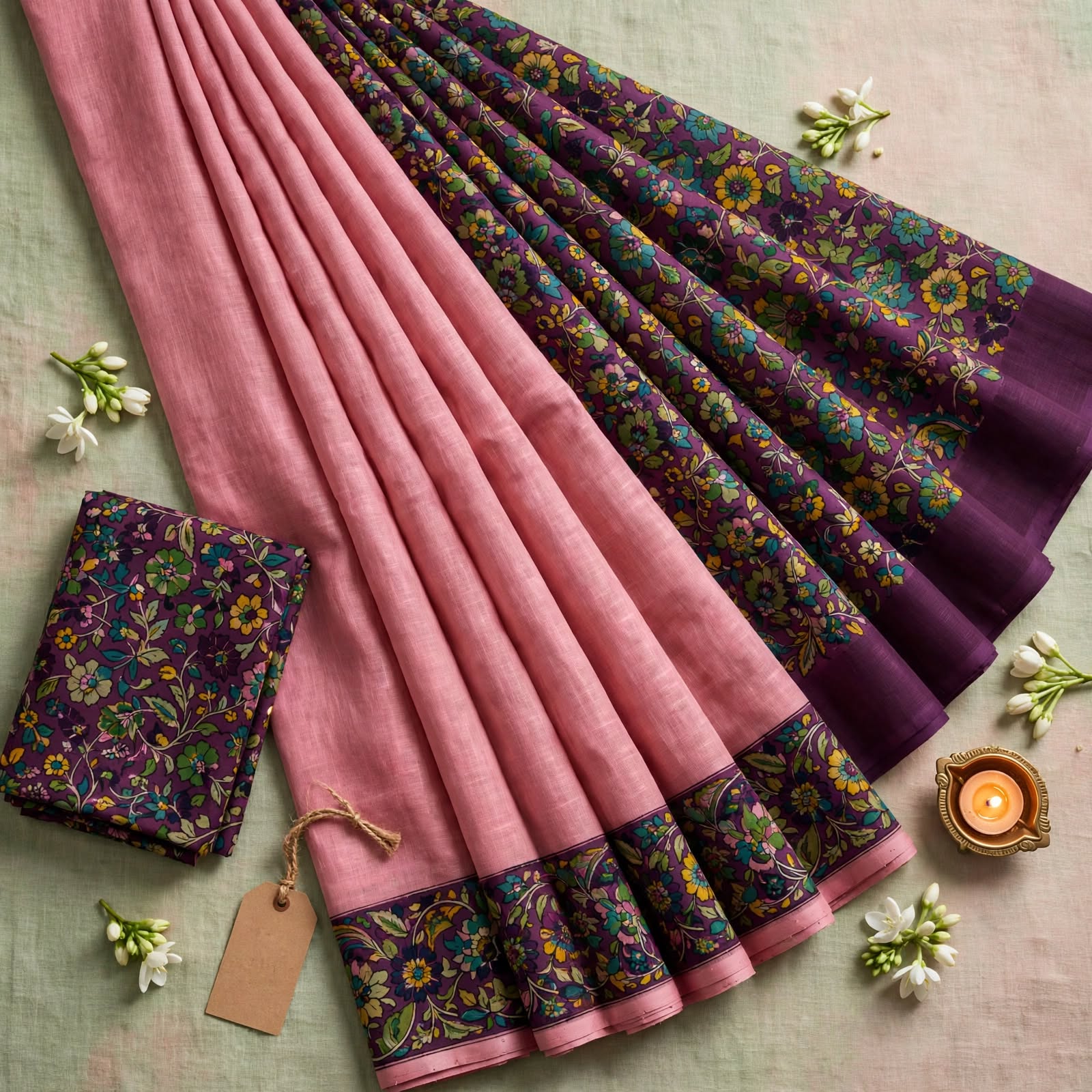 Charming Pink Printed Saree with Dark Contrast Border