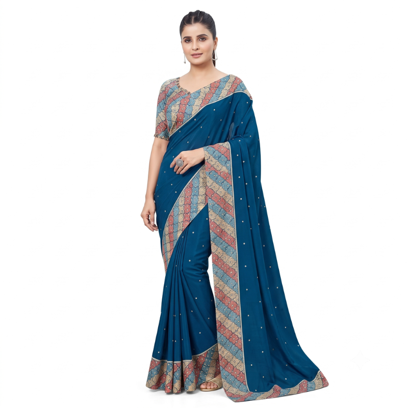 Regal Blue Multi-Striped Border Designer Saree