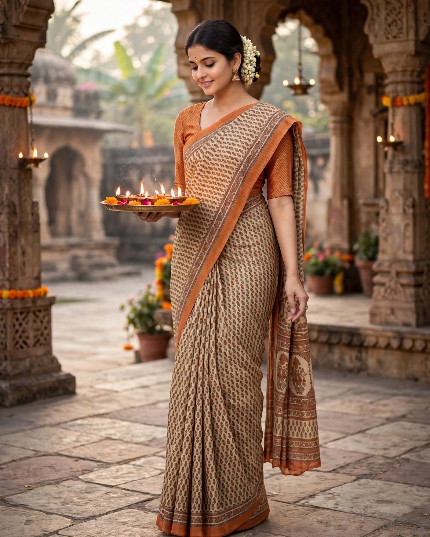Elegant Mustard & Brown Traditional Printed Daily Wear Saree