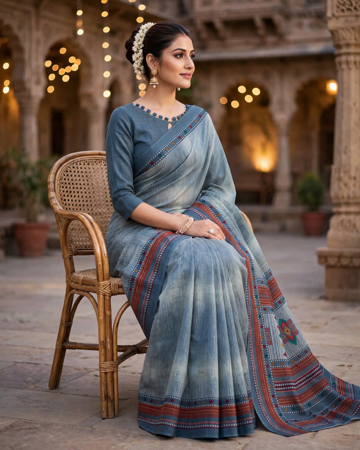 Graceful Grey Striped & Patterned Designer Saree with Blouse Piece