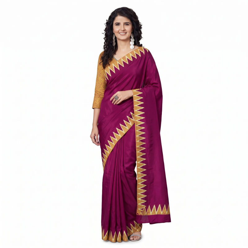 Vibrant Magenta Silk Saree with Geometric Gold Border