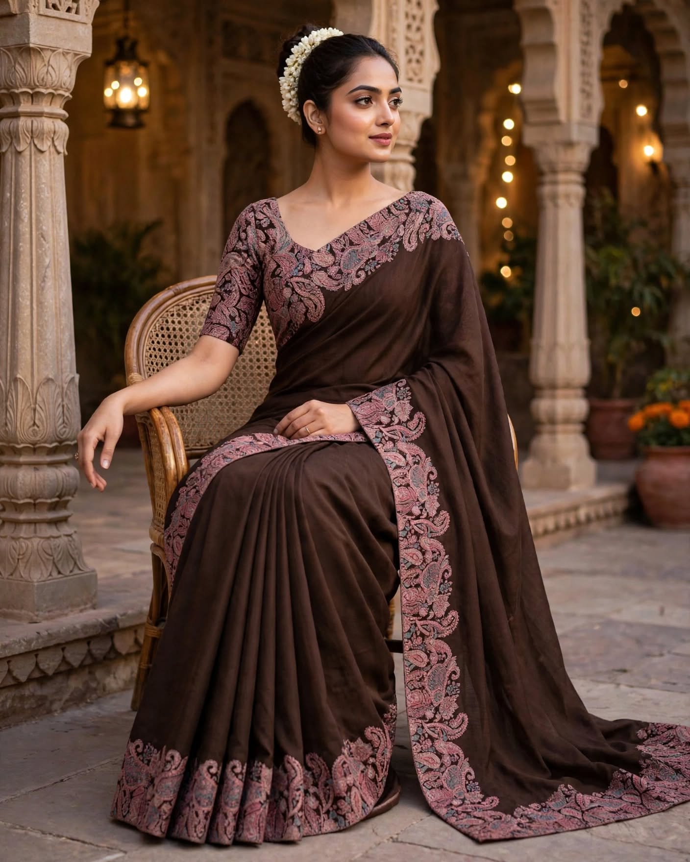 Rich Coffee Brown Paisley Printed Ethnic Saree