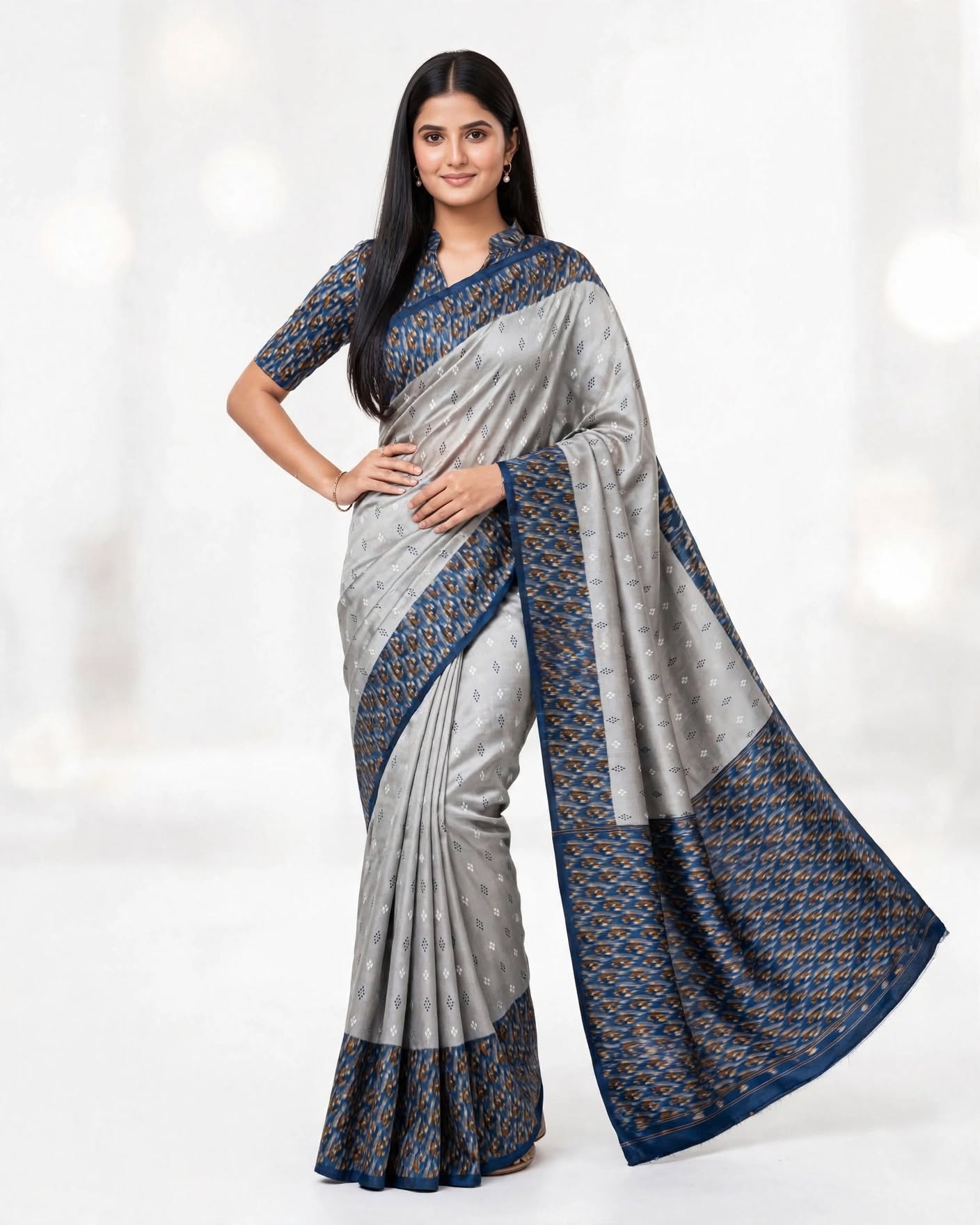 Chic Light Grey & Charcoal Printed Festive Saree