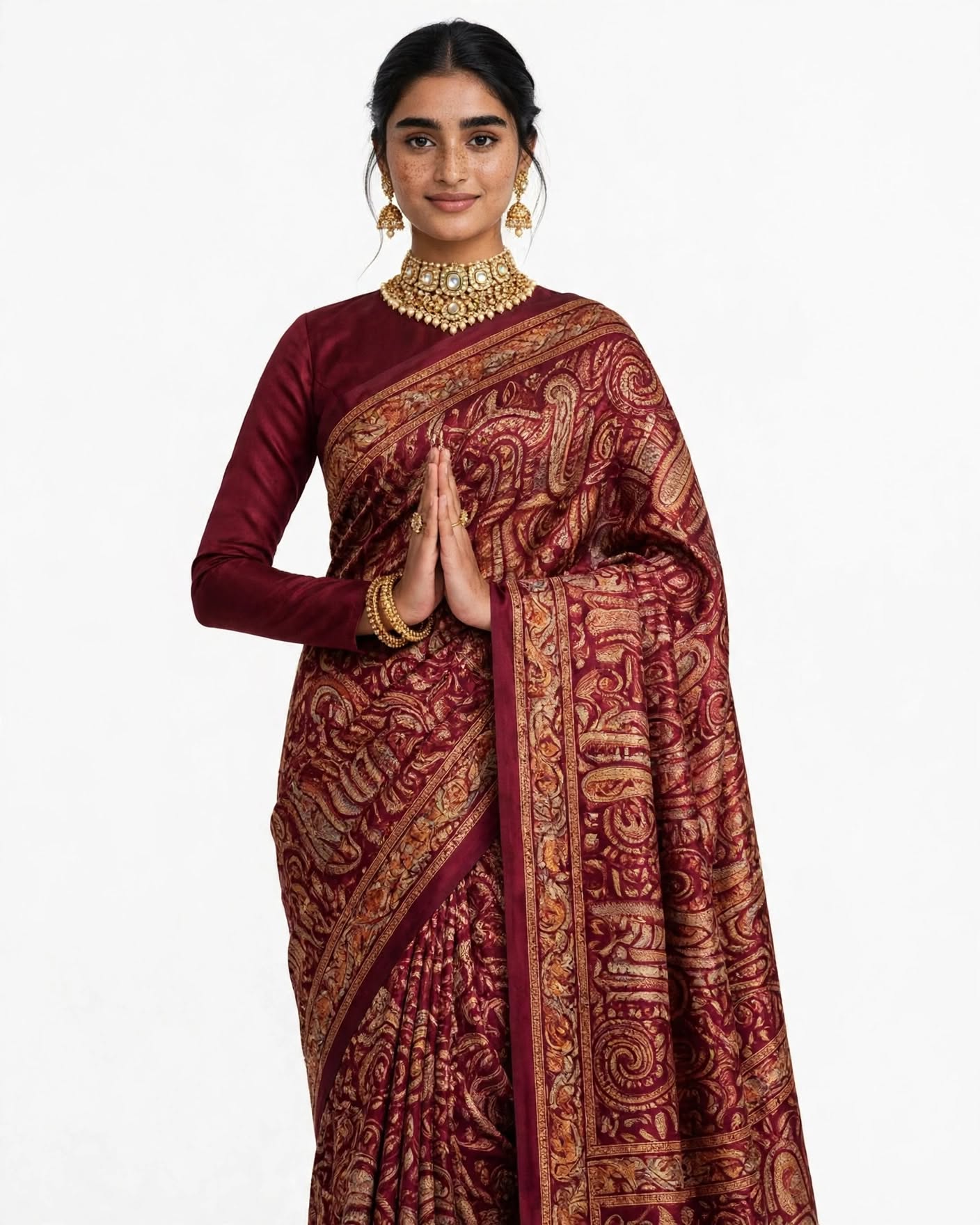 Deep Maroon & Red Traditional Paisley Printed Saree
