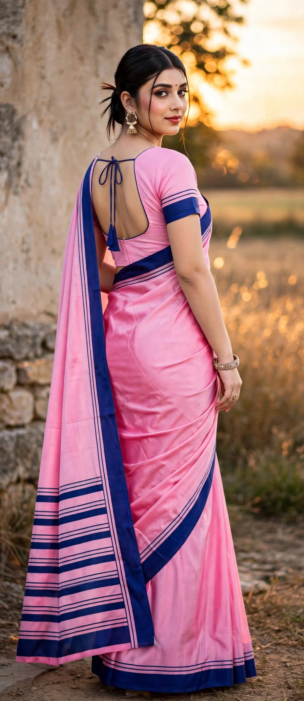 Elegance in Pink: Handloom-Style Silk Saree with Contrast Navy Blue Border