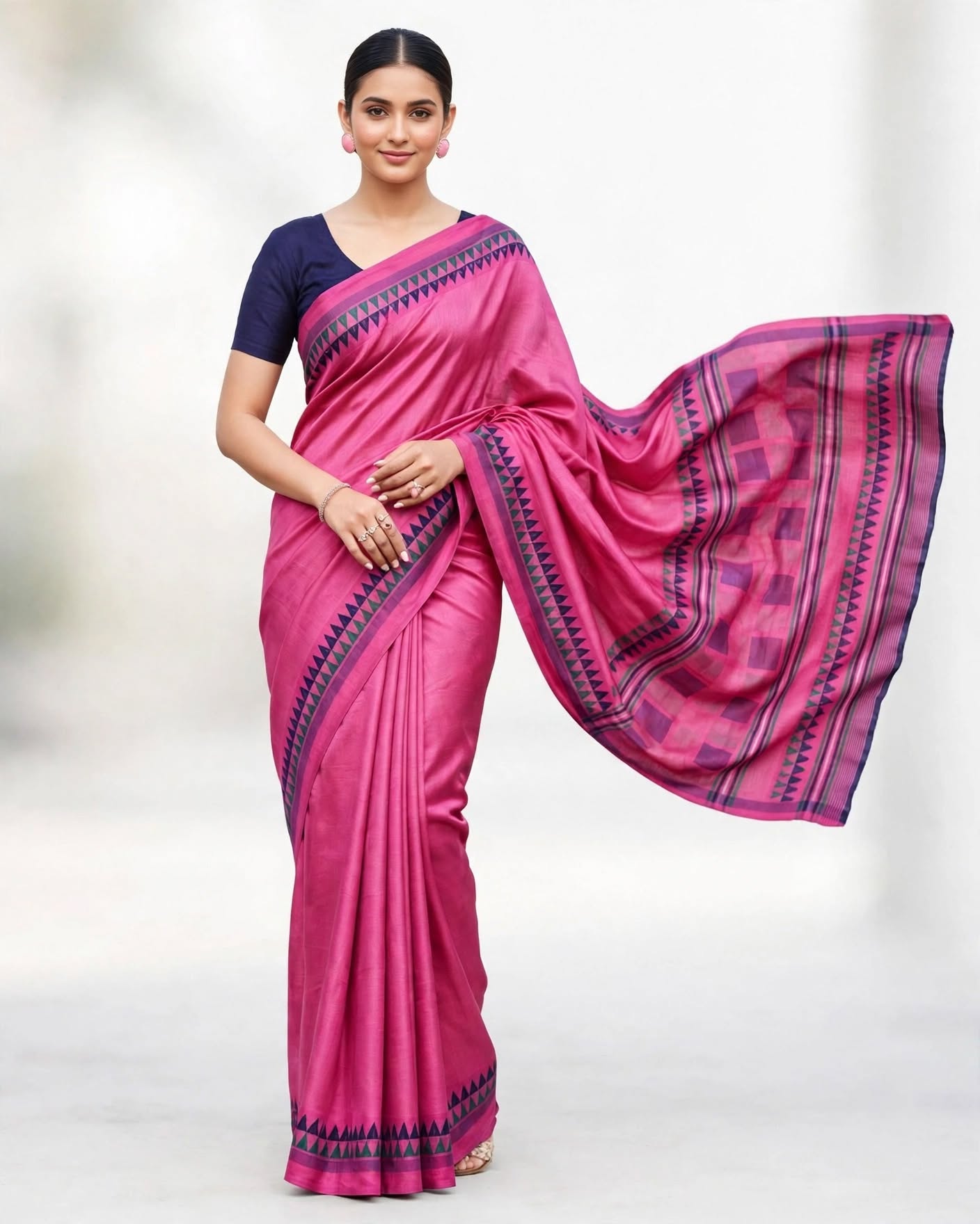 Vibrant Pink Tussar Silk Saree with Geometric Border and Contrast Pallu