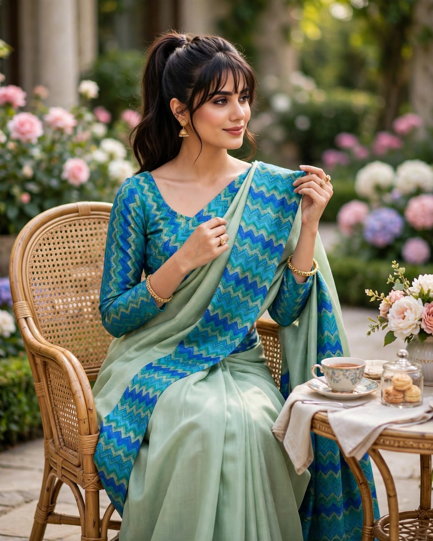 Blue and Green Ikat Pattern Silk Saree with Geometric Weave