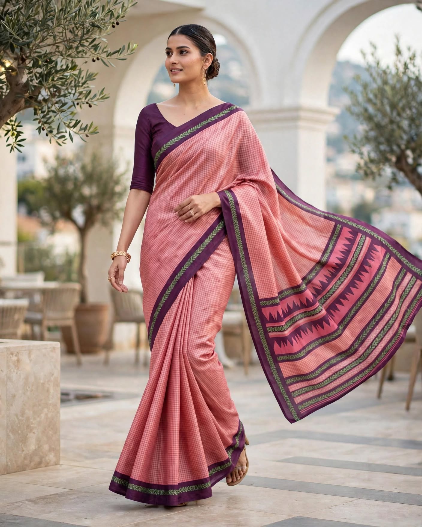 Pink and Purple Checkered Silk Saree with Geometric Border