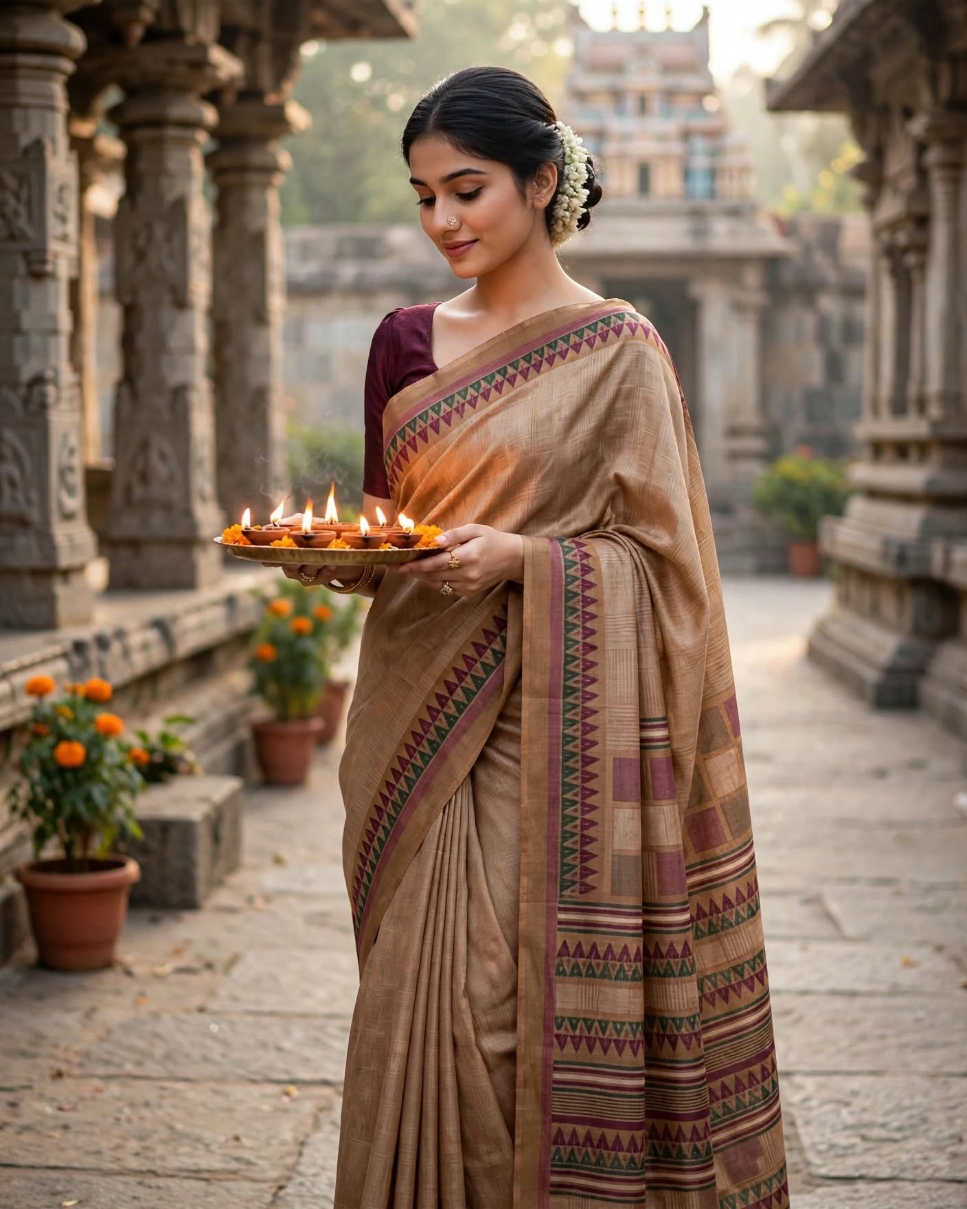 Mustard Yellow Silk Saree with Maroon and Green Geometric Border