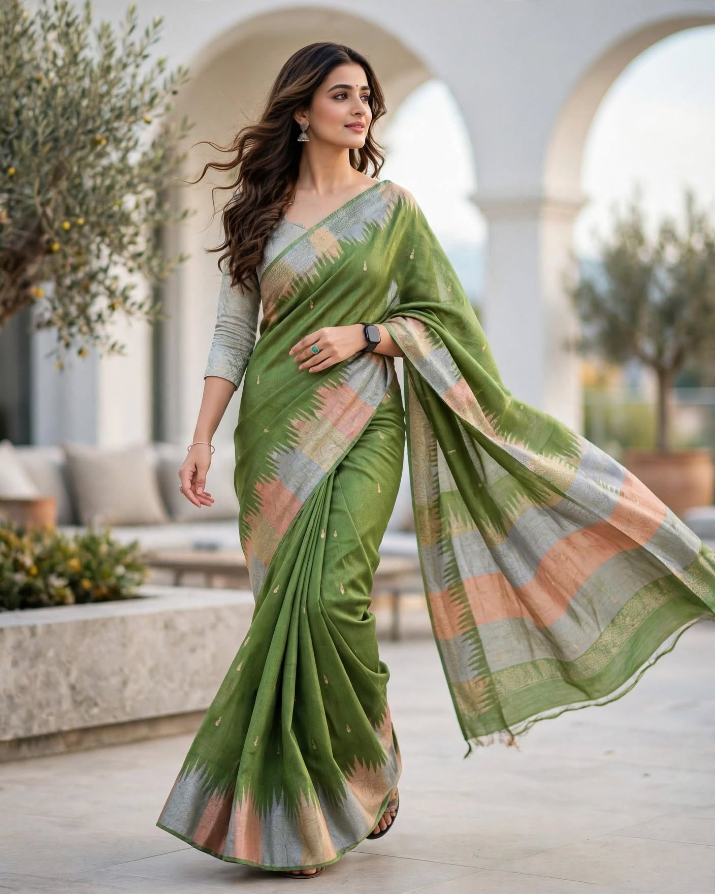 Elegant Green Ikat Silk Saree with Multi-Color Border and Zari Accents