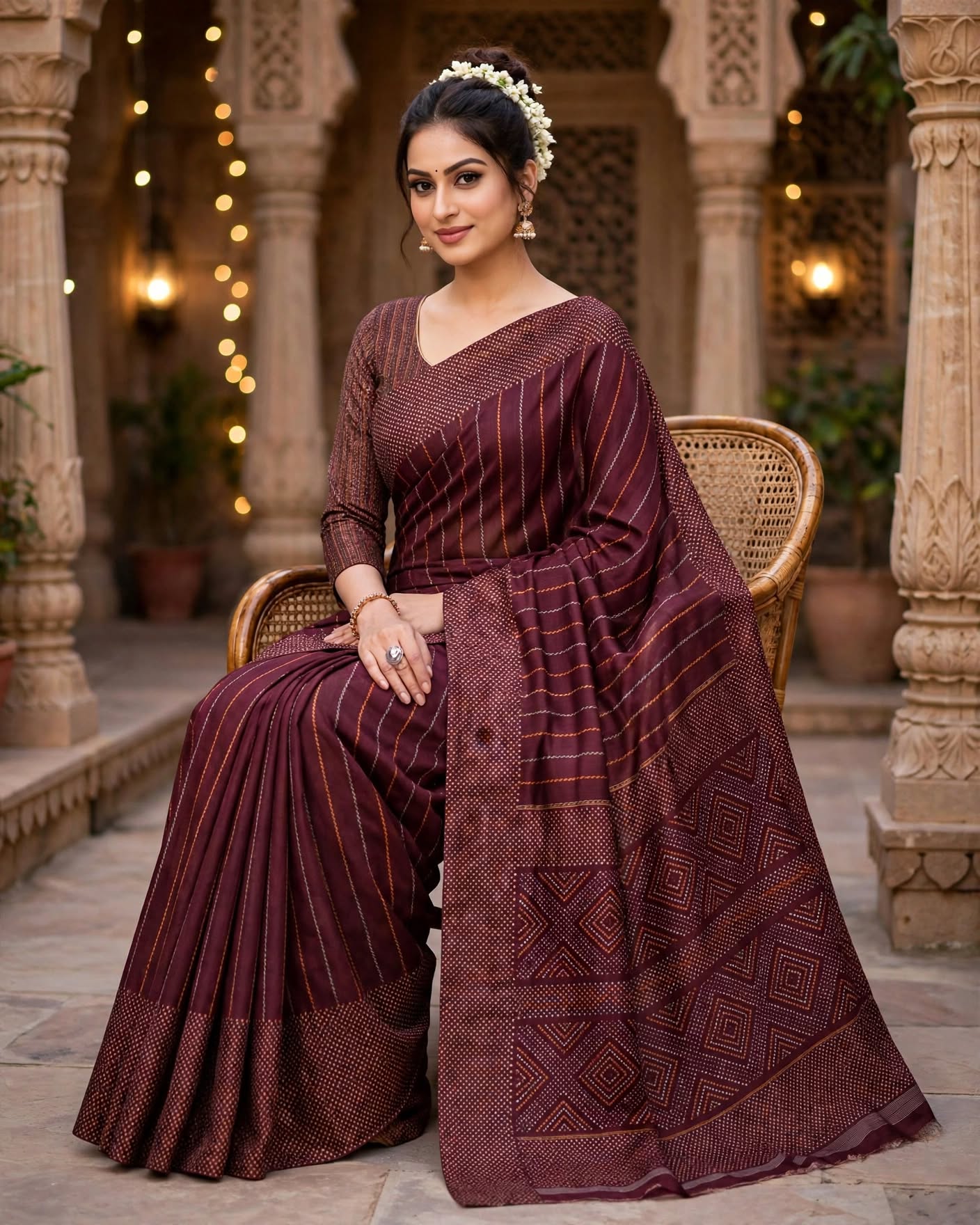 Maroon Geometric Banarasi Silk Saree with Intricate Zari Border