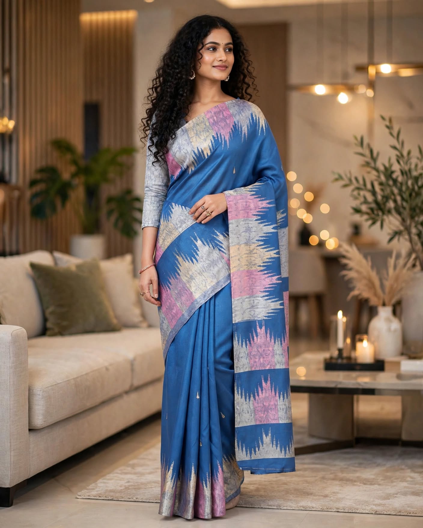 Royal Blue Ikat Silk Saree with Pink & Silver Geometric Pallu