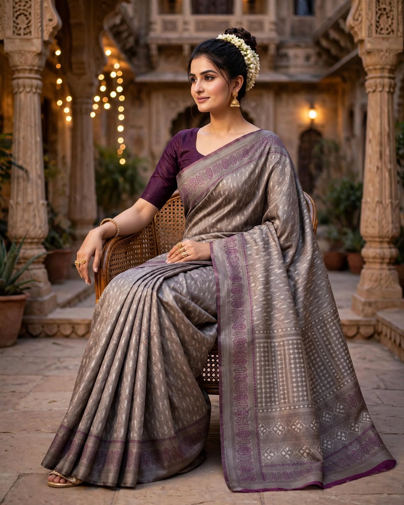 Elegant Mauve & Grey Banarasi Silk Saree with Intricate Zari Border and Pallu