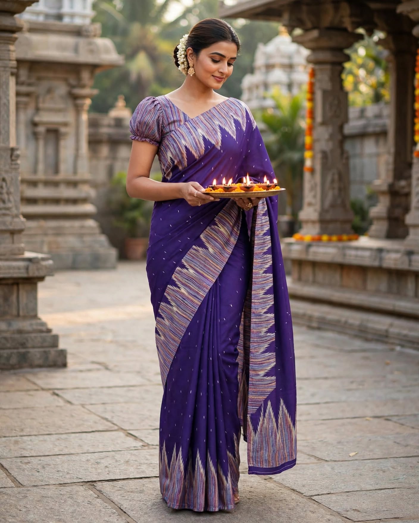 Royal Purple Ikat Silk Saree with Geometric Zig-Zag Border and Sequin Accents