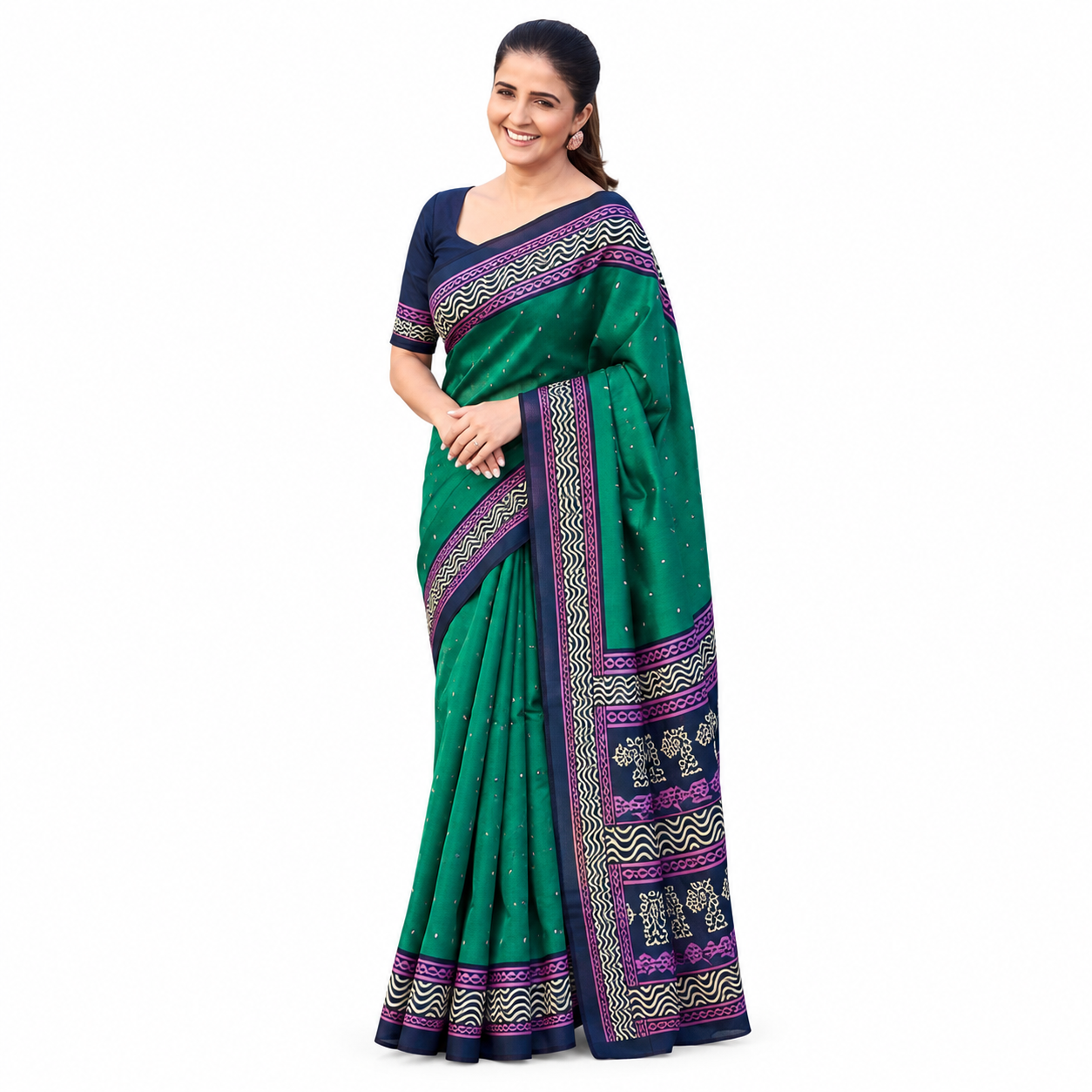 Emerald Green Silk Saree with Navy Blue Border and Gold Zari Motifs