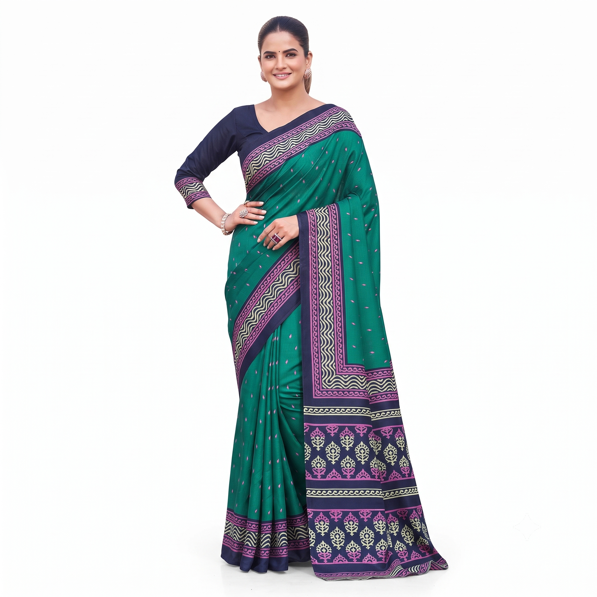Emerald Green Silk Saree with Intricate Purple & Gold Border Work
