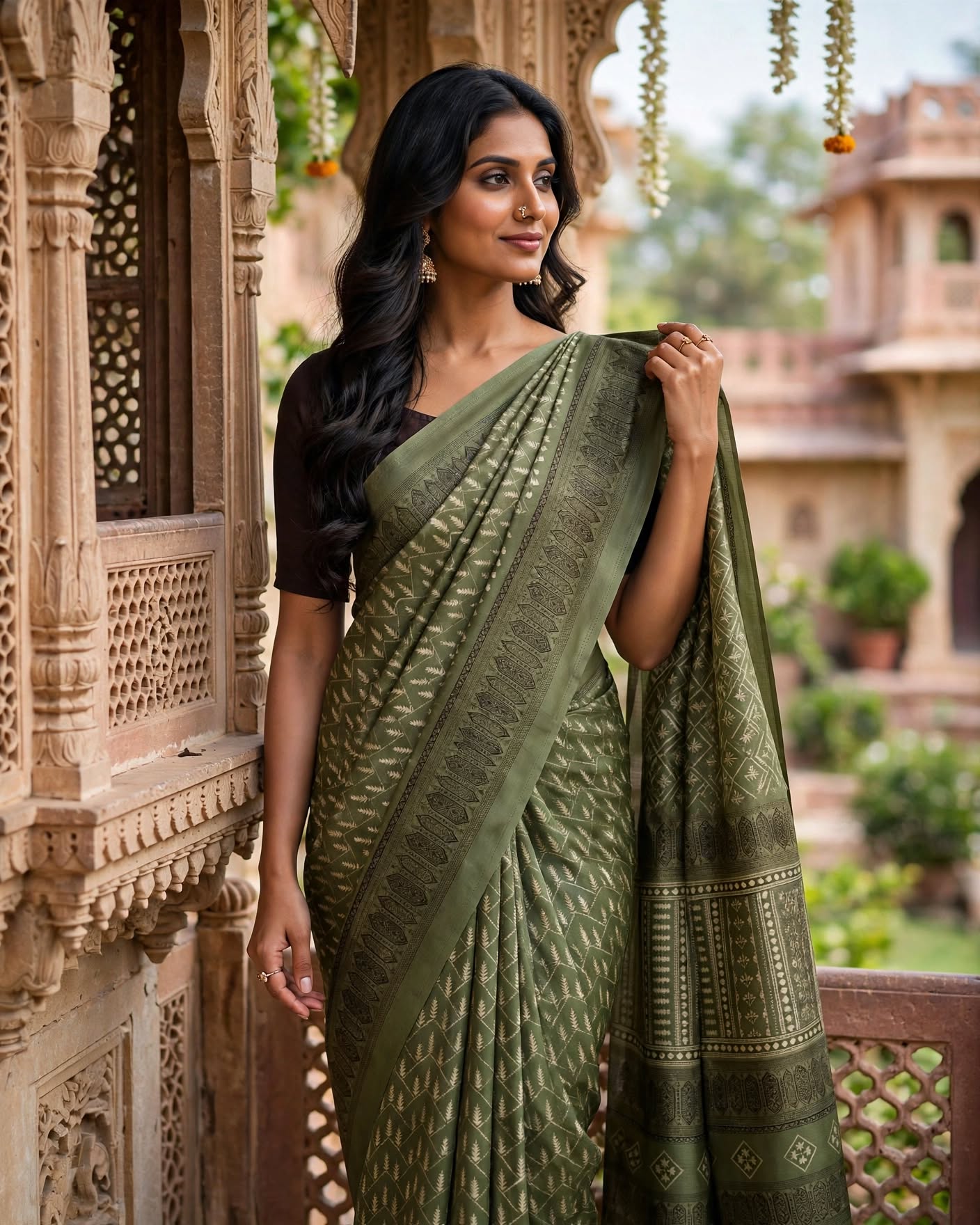 Olive Green Banarasi Silk Saree with Intricate Zari Border and Pallu