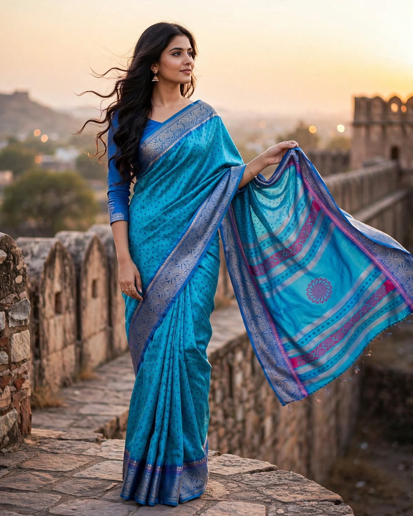 Teal Blue Silk Blend Saree with Purple Zari Border and Floral Motifs