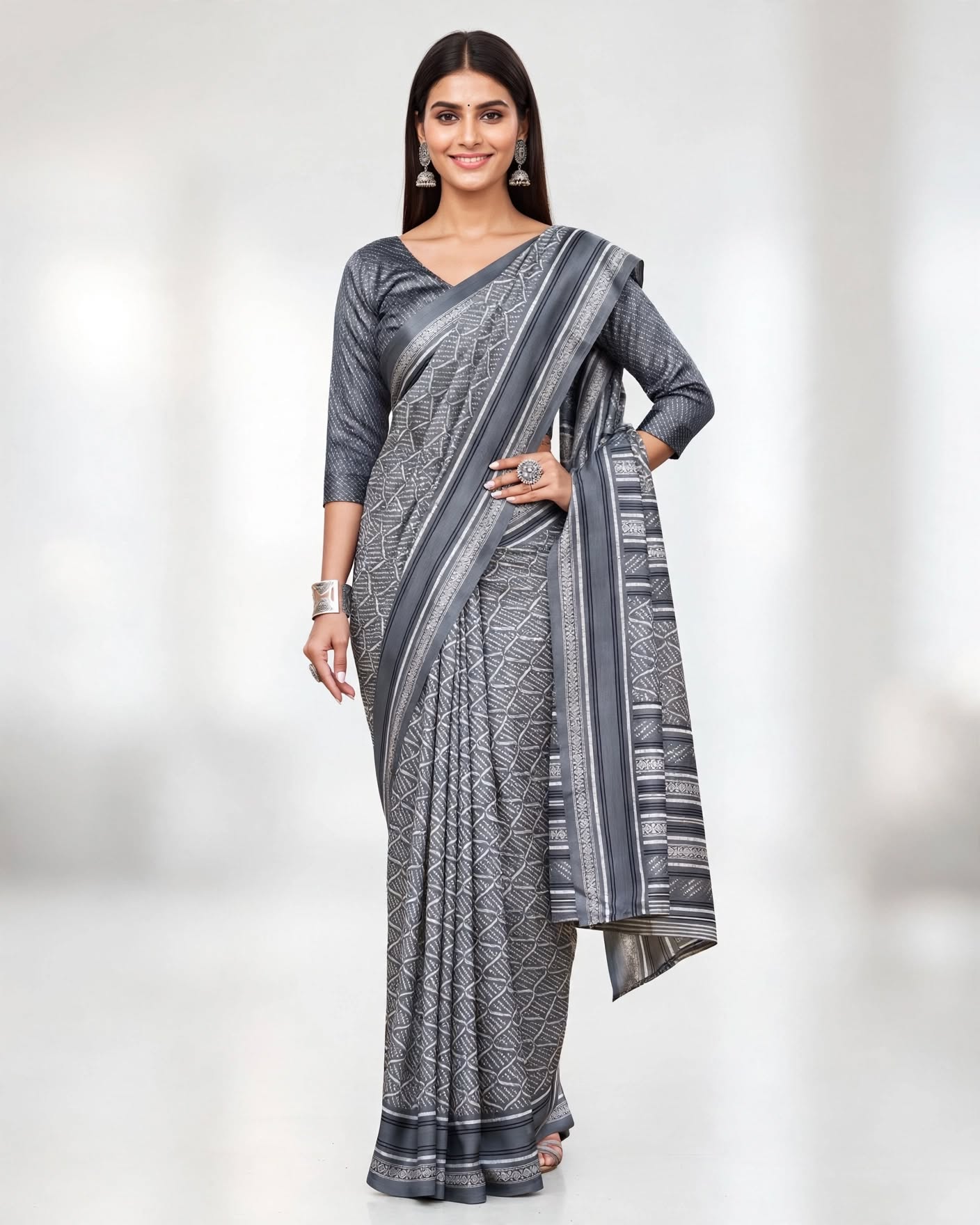 Elegant Grey Geometric Print Cotton Silk Saree with Contrast Border