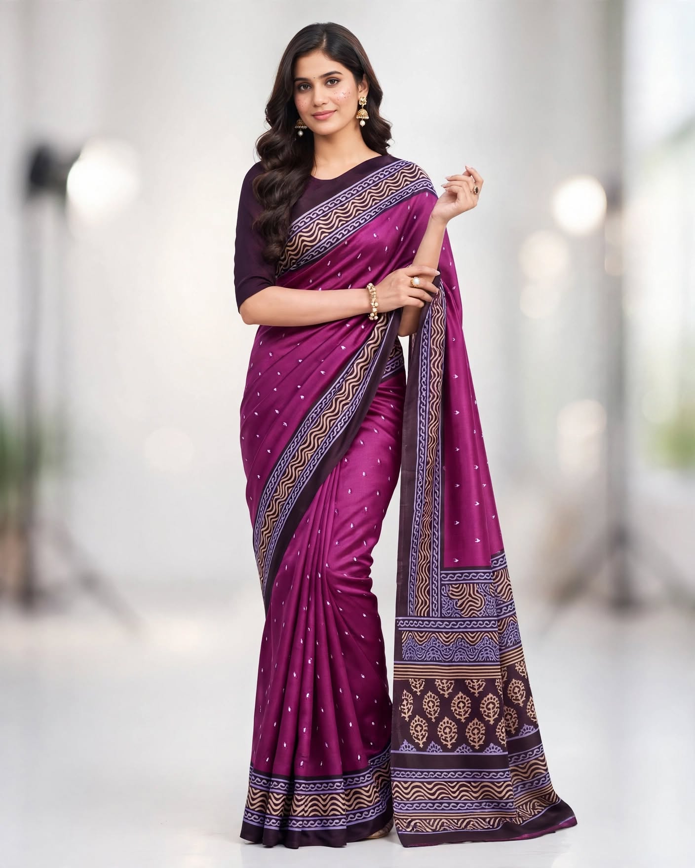 Royal Purple Banarasi Silk Saree with Gold Zari Border and Floral Motifs