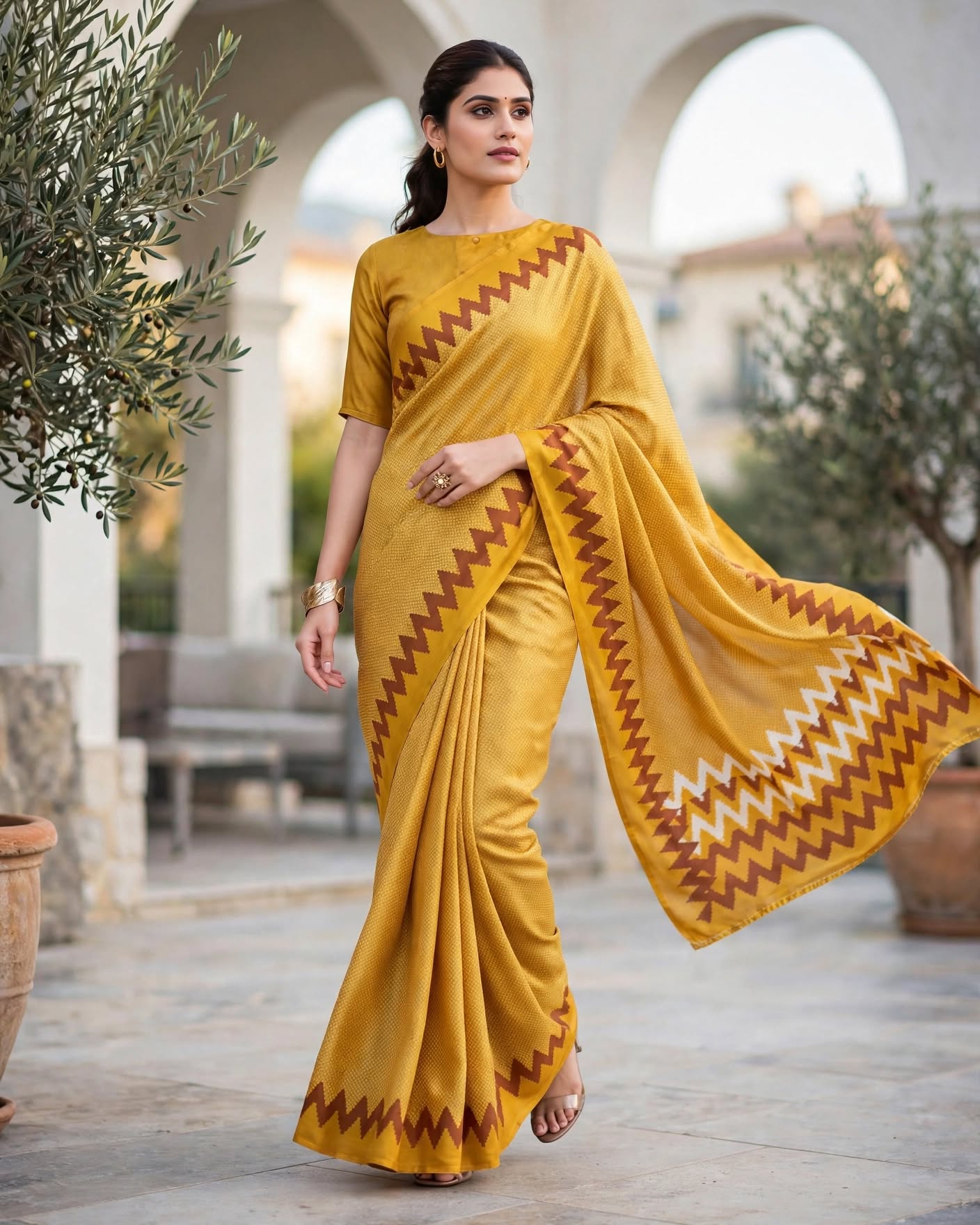 Mustard Yellow Tussar Silk Saree with Brown & White Ikat Zigzag Border