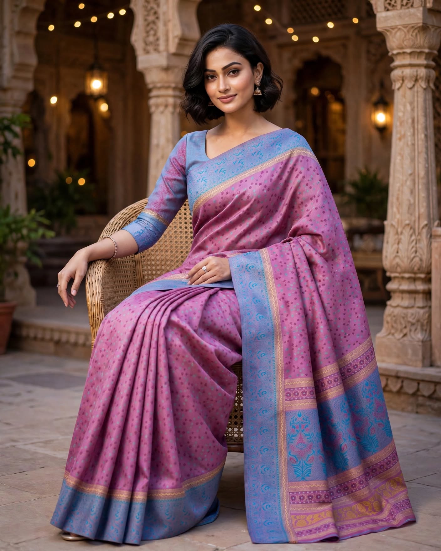 Purple & Blue Chanderi Silk Saree with Intricate Zari Border
