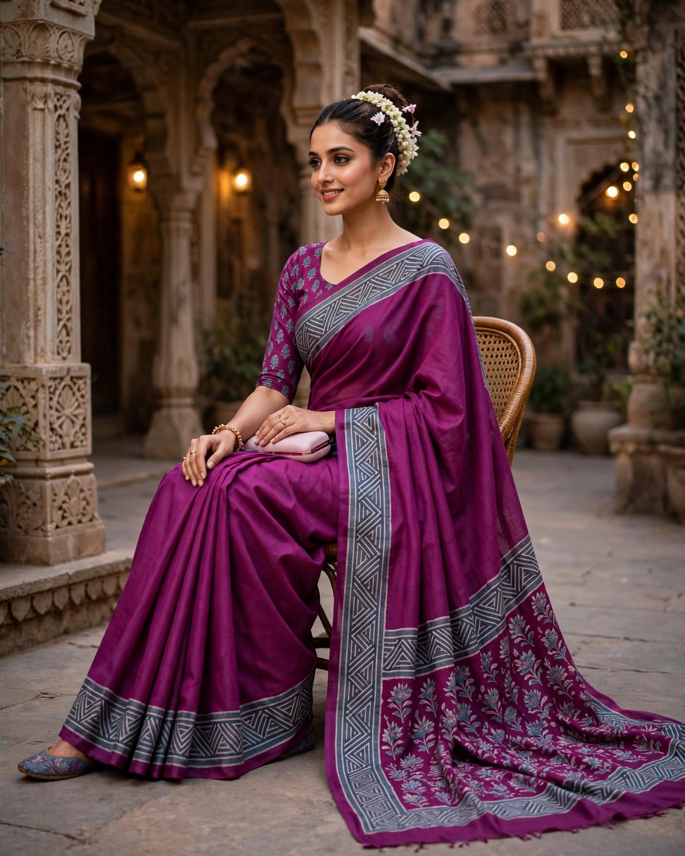 Royal Purple & Blue Geometric Print Silk Saree with Embroidered Border