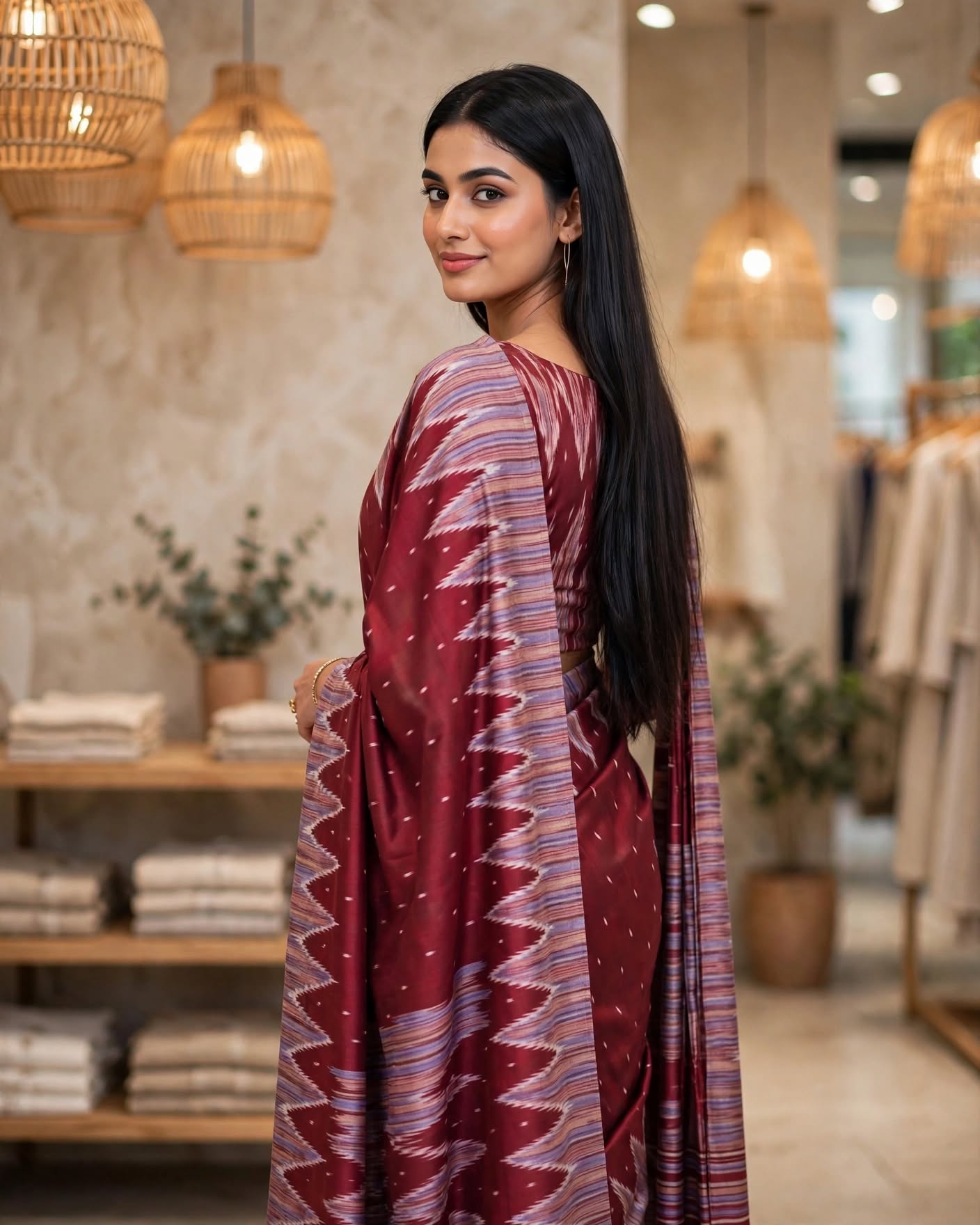 Maroon Ikat Silk Saree with Geometric Zigzag Border and Pallu