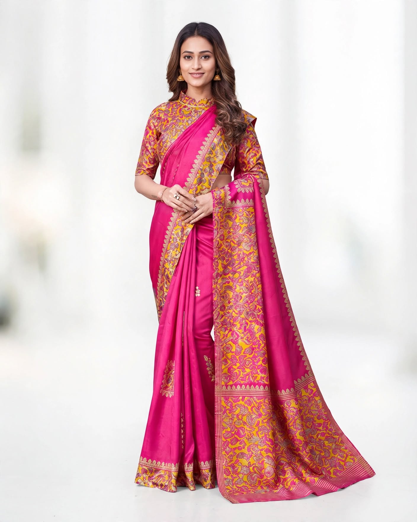 Vibrant Pink Silk Saree with Golden Banarasi Brocade Border and Pallu