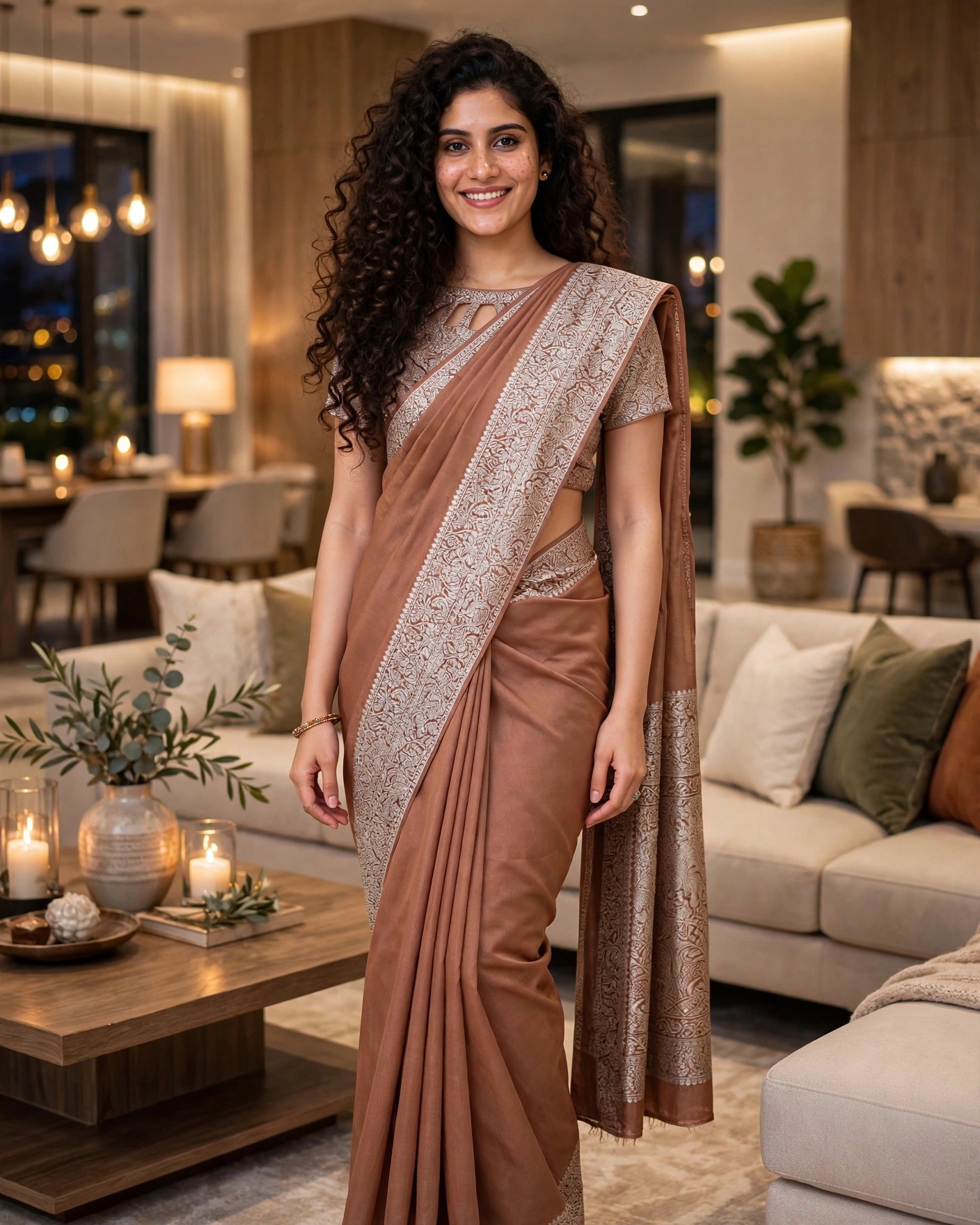 Elegant Brown Silk Saree with Intricate Beige Zari Border and Pallu