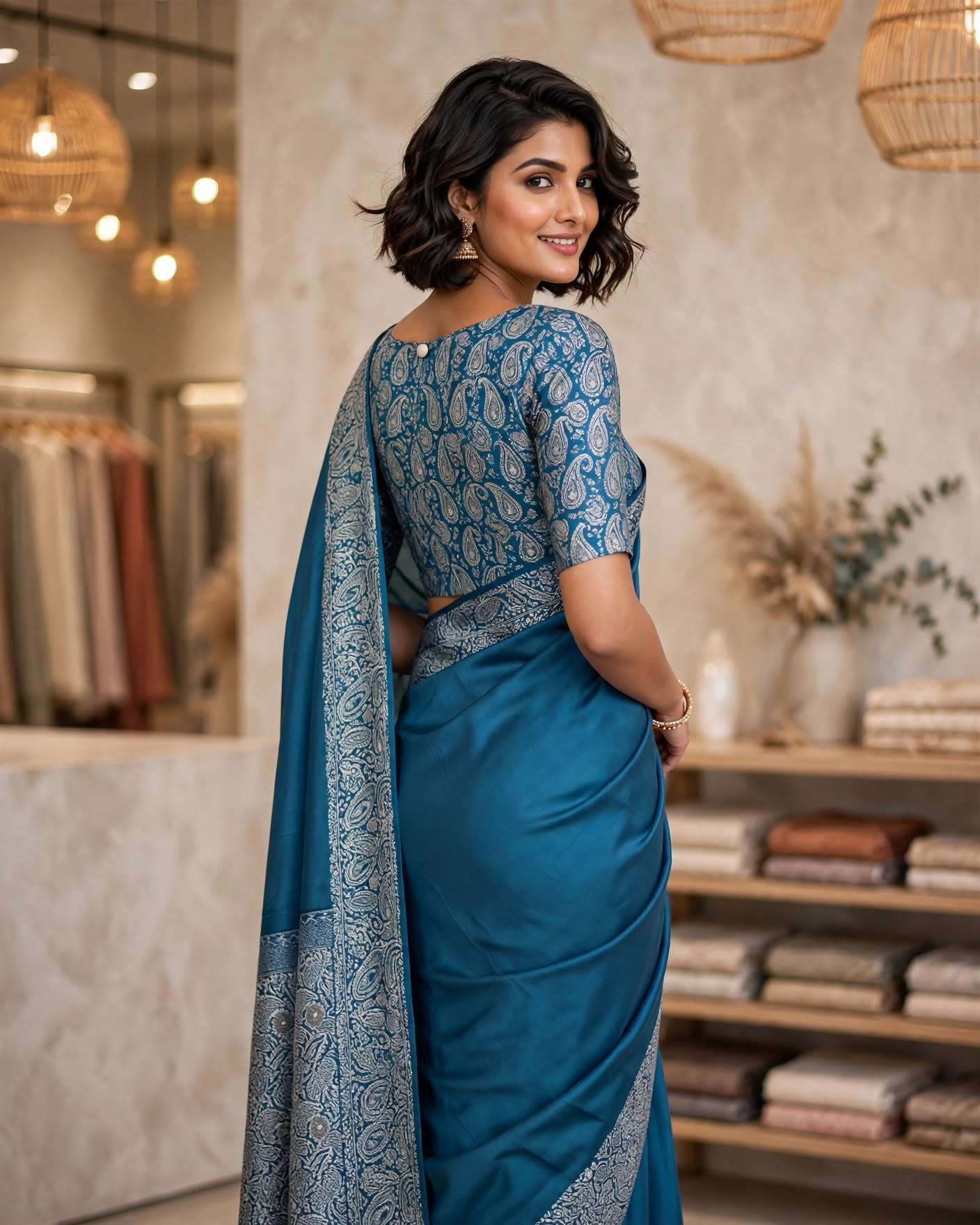 Teal Blue Silk Saree with Intricate Grey Zari Border and Pallu