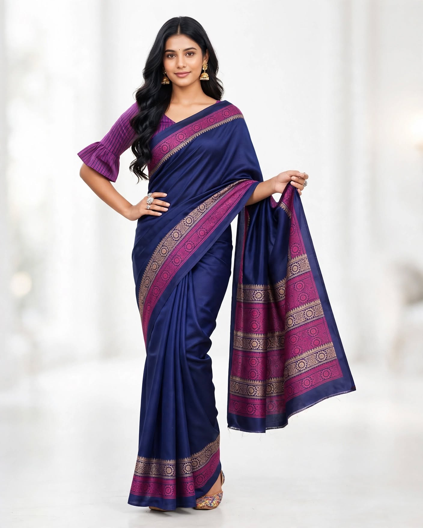 Navy Blue & Maroon Woven Cotton Silk Saree with Traditional Floral Motifs
