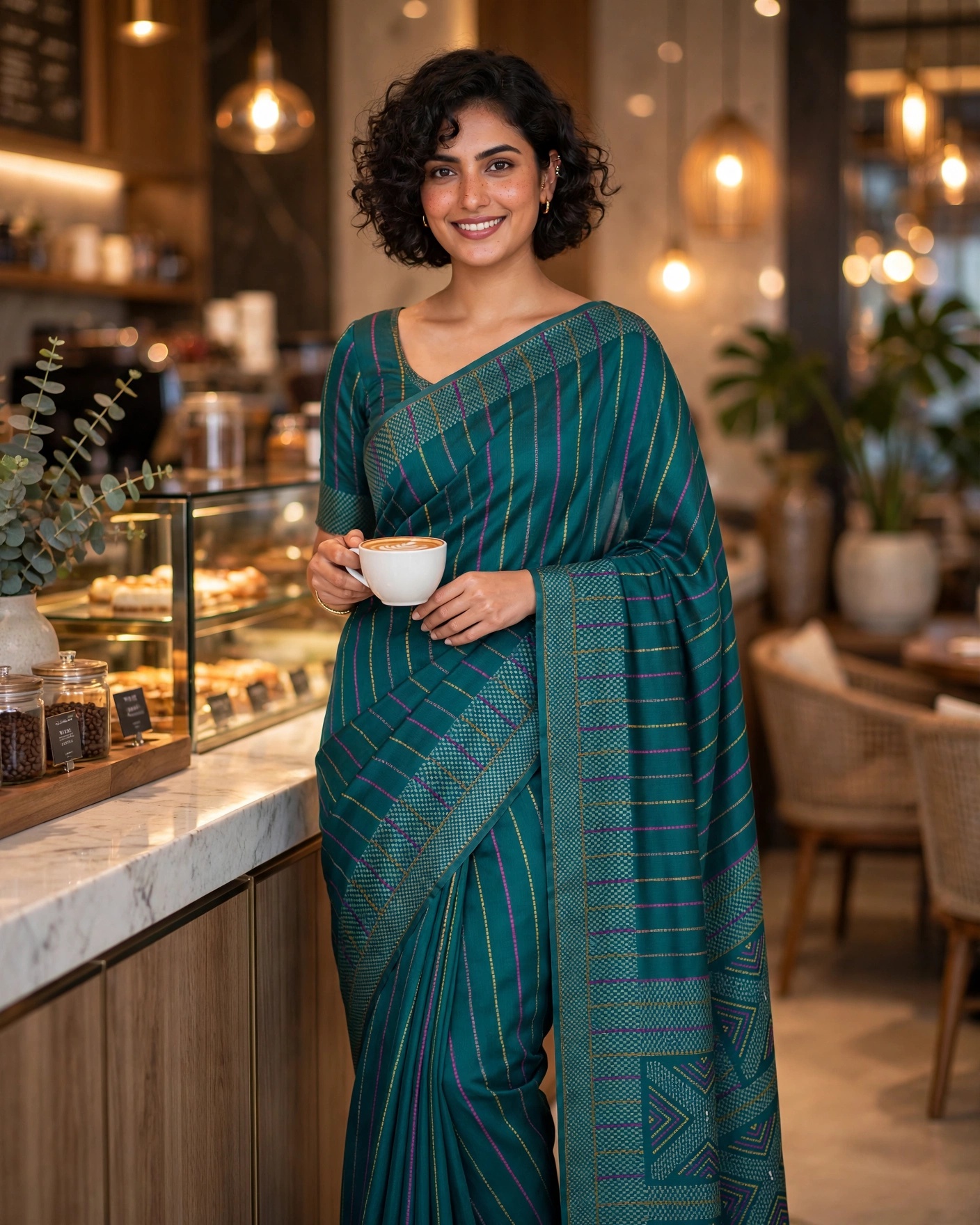 Teal Green Tussar Silk Saree with Geometric Pallu and Zari Border